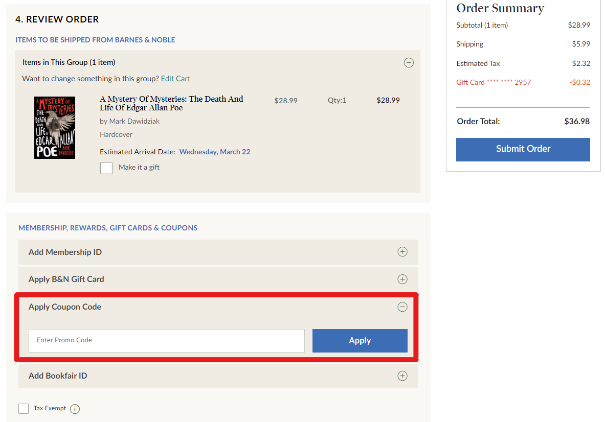 Applying Coupons and Promotion Codes on Barnes & Noble